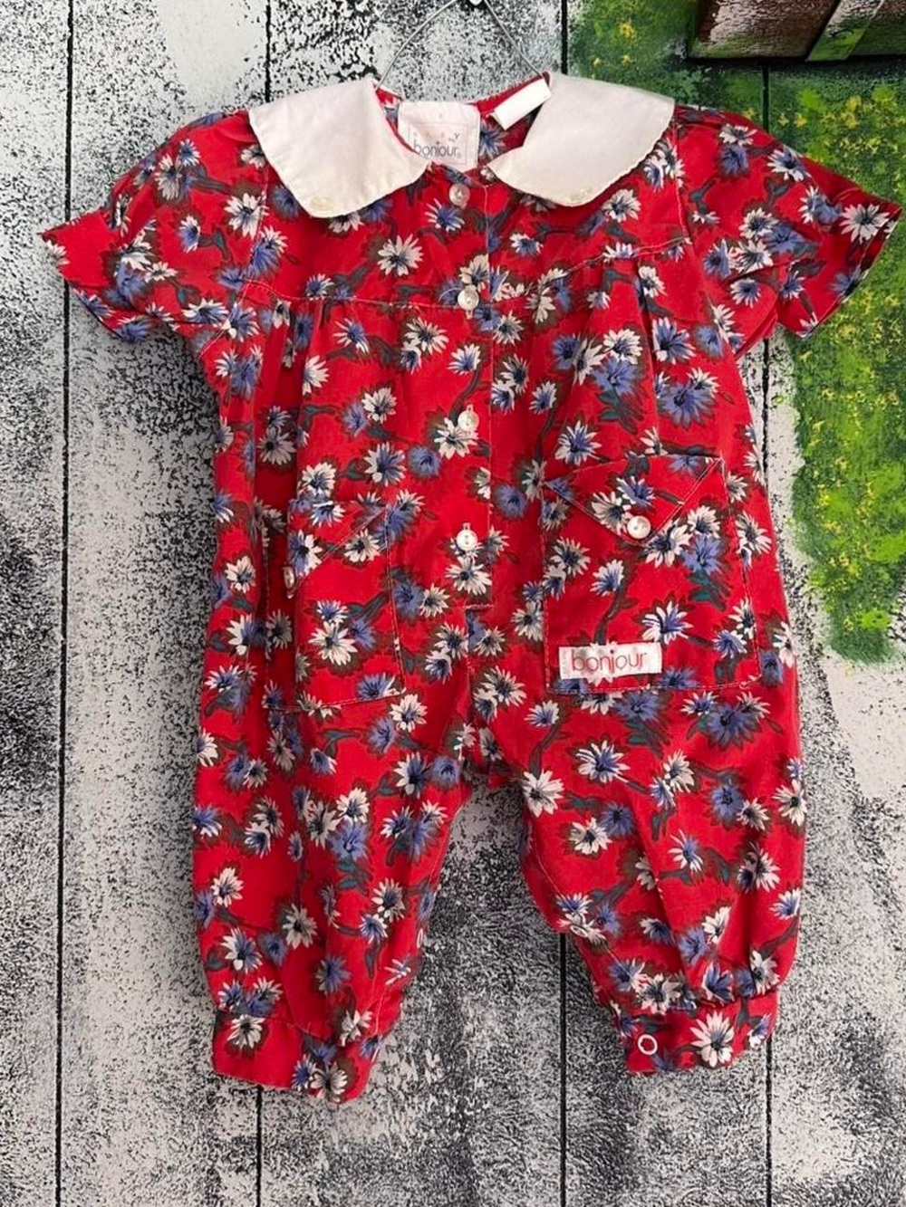 Vintage Bonjour Red Floral Baby Romper with White Peter Pan Collar